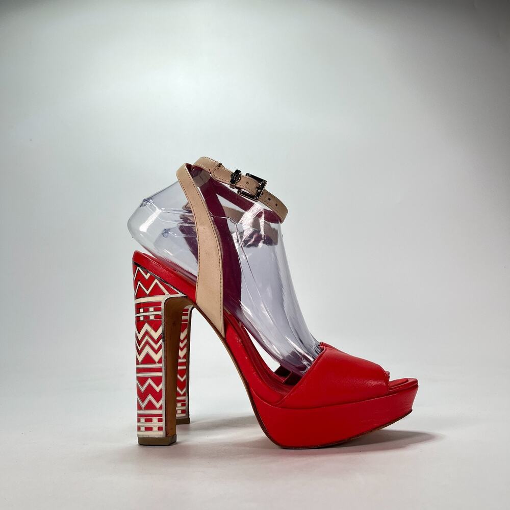 BCBGMAXAZRIA Red Tan Aztec Print Ankle Straps Platform Sandals Women's Size 8.5B